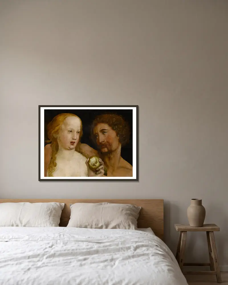 Adam und Eva von Hans Holbein The Younger gerahmt an einer Wand