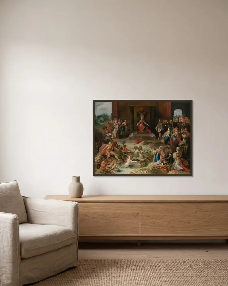 Allegorie auf die Abdankung Kaiser Karls V. in Brüssel von Frans Francken the Younger gerahmt an einer Wand