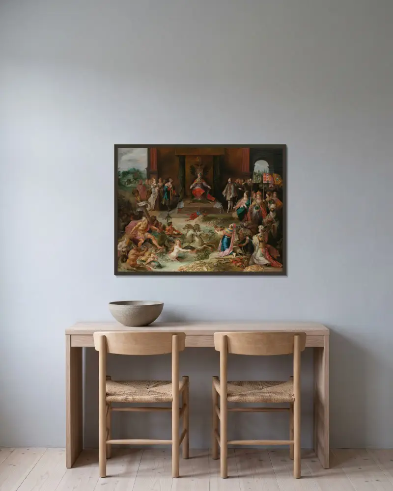 Allegorie auf die Abdankung Kaiser Karls V. in Brüssel von Frans Francken the Younger gerahmt an einer Wand