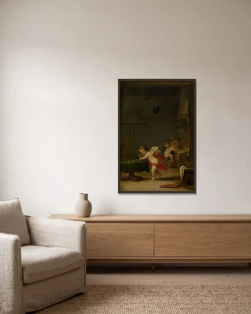 Amoretter i en alkemists verkstad av David Teniers The Younger inramad på en vägg