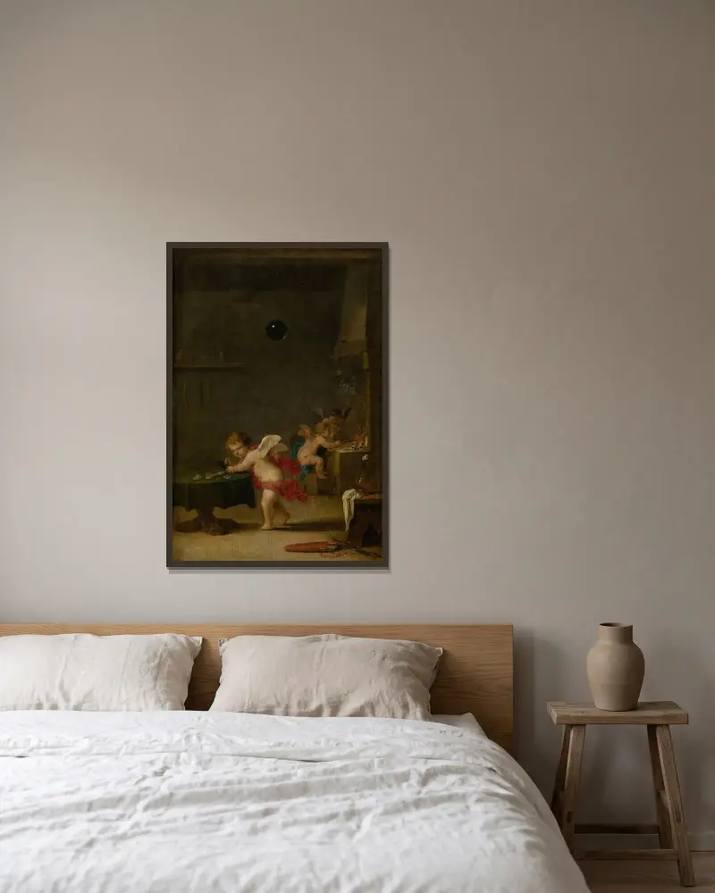 Amoretter i en alkemists verkstad av David Teniers The Younger inramad på en vägg