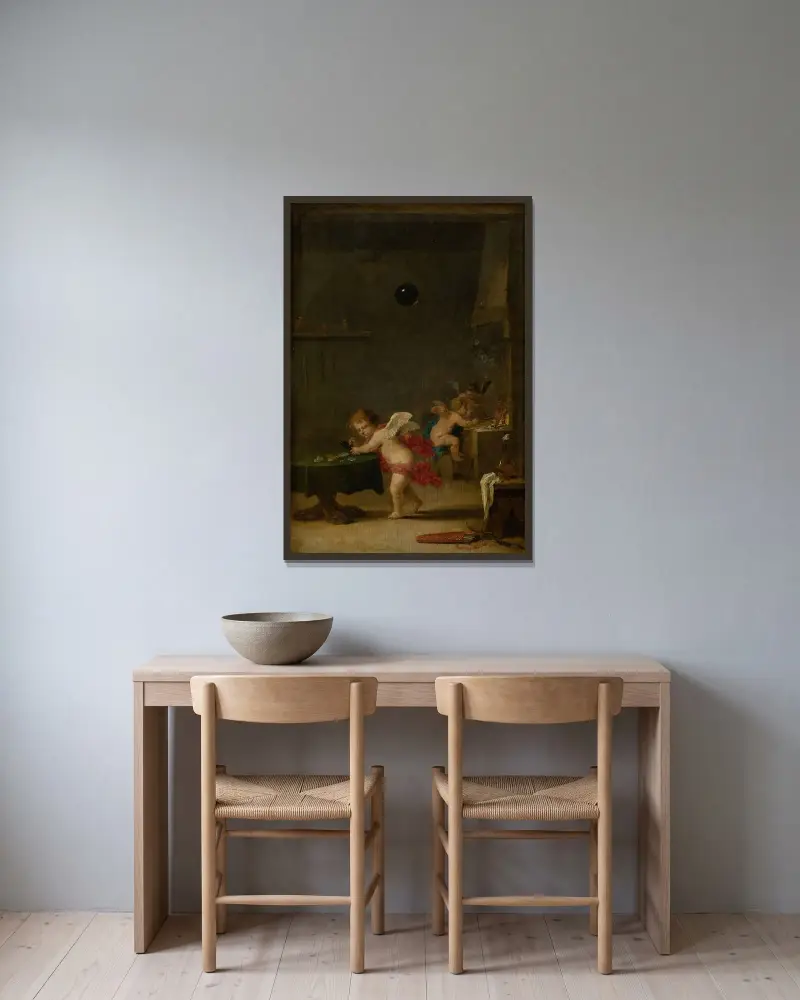 Amoretter i en alkemists verkstad av David Teniers The Younger inramad på en vägg