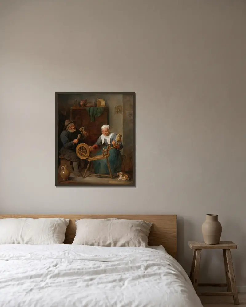 Ett äldre par spinner ull i en interiör av David Teniers The Younger inramad på en vägg