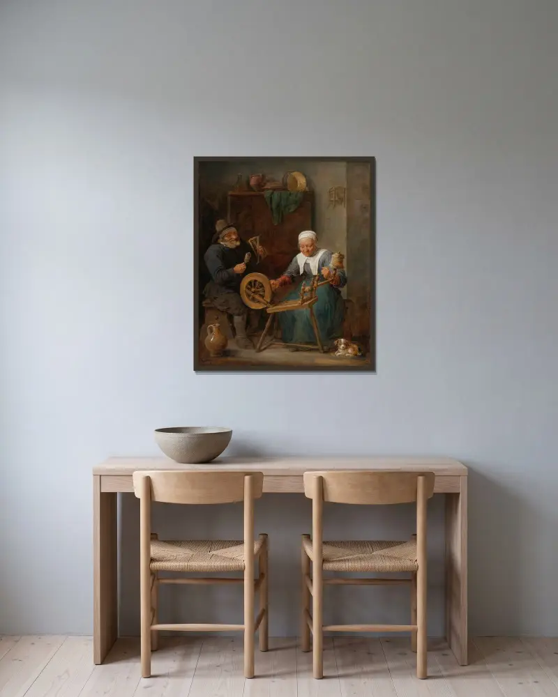 Ett äldre par spinner ull i en interiör av David Teniers The Younger inramad på en vägg