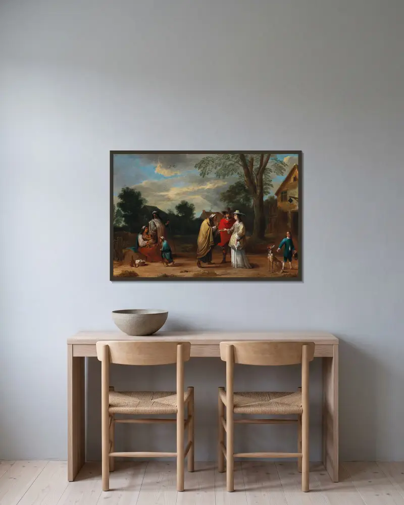 An Elegant Couple Meeting A Fortune Teller av David Teniers The Younger inramad på en vägg
