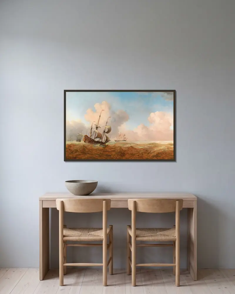 En engelsk örlogsman i krabb sjö av Willem van de Velde the Younger inramad på en vägg