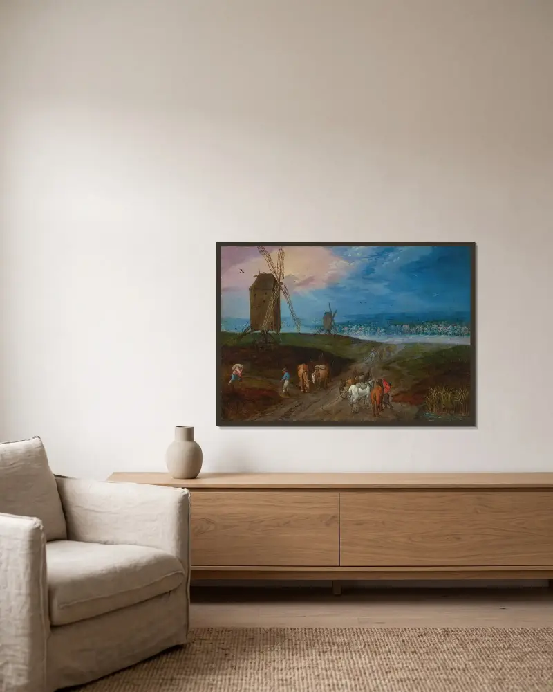 Ett vidsträckt landskap med resenärer framför en väderkvarn av Jan Brueghel the Younger inramad på en vägg