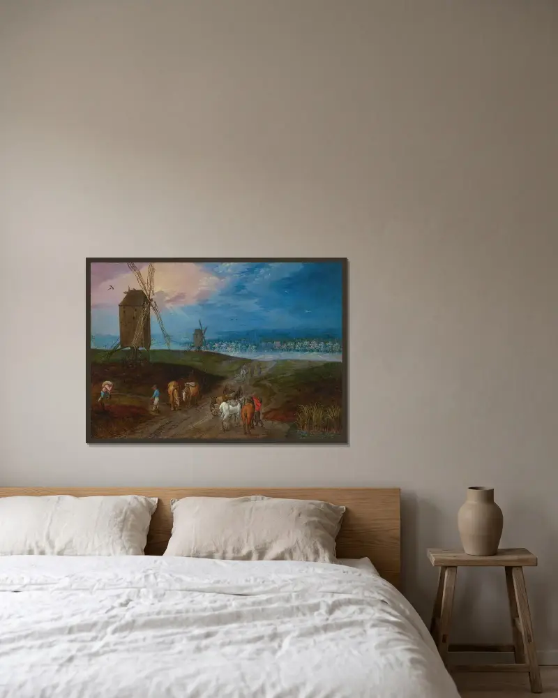 Ett vidsträckt landskap med resenärer framför en väderkvarn av Jan Brueghel the Younger inramad på en vägg