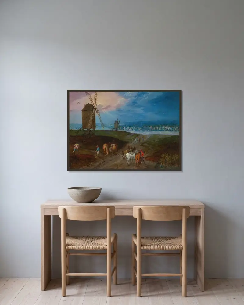 Ett vidsträckt landskap med resenärer framför en väderkvarn av Jan Brueghel the Younger inramad på en vägg