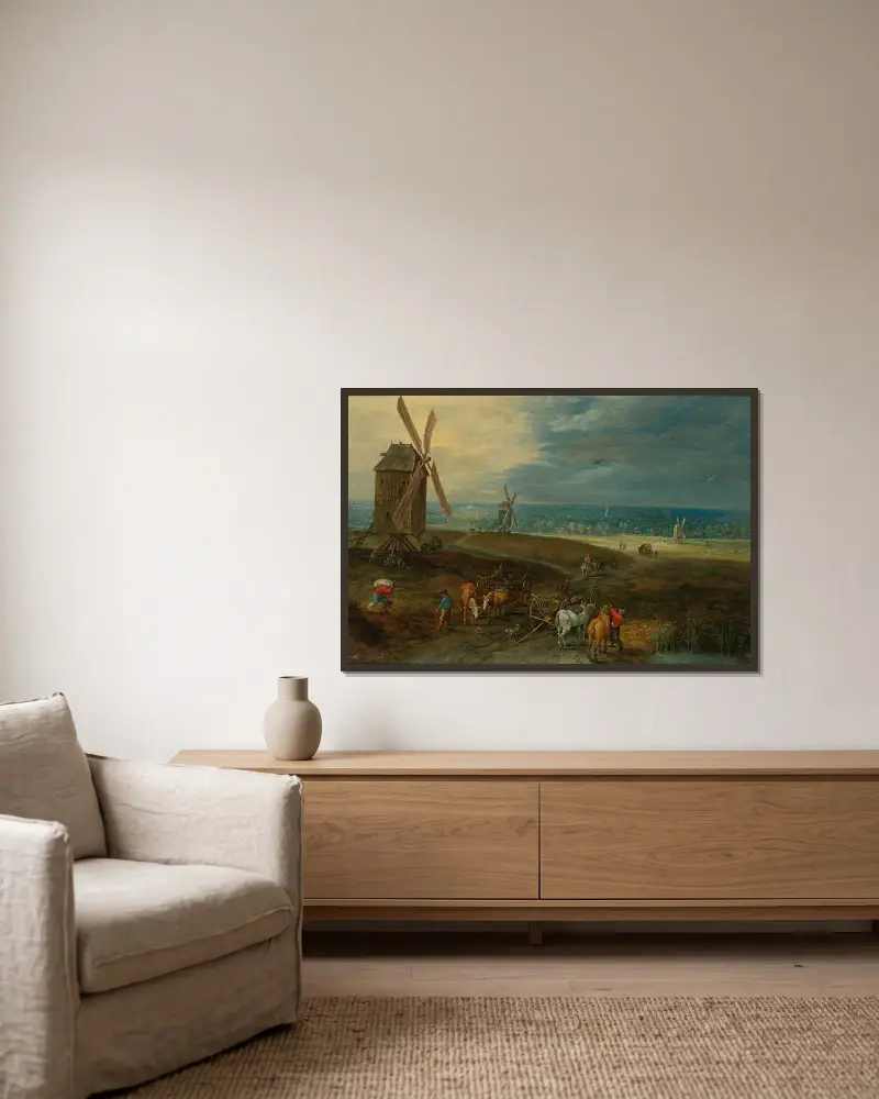 An Extensive Landscape With Travellers Before A Windmill av Jan Brueghel the Younger inramad på en vägg
