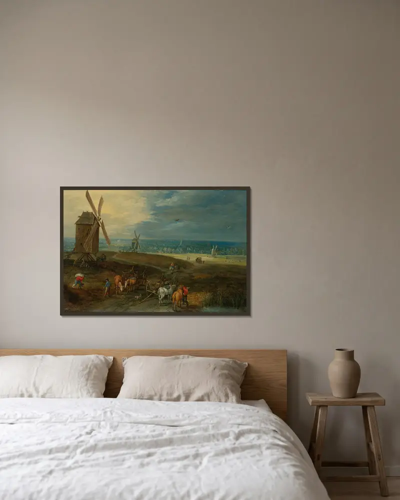 An Extensive Landscape With Travellers Before A Windmill av Jan Brueghel the Younger inramad på en vägg