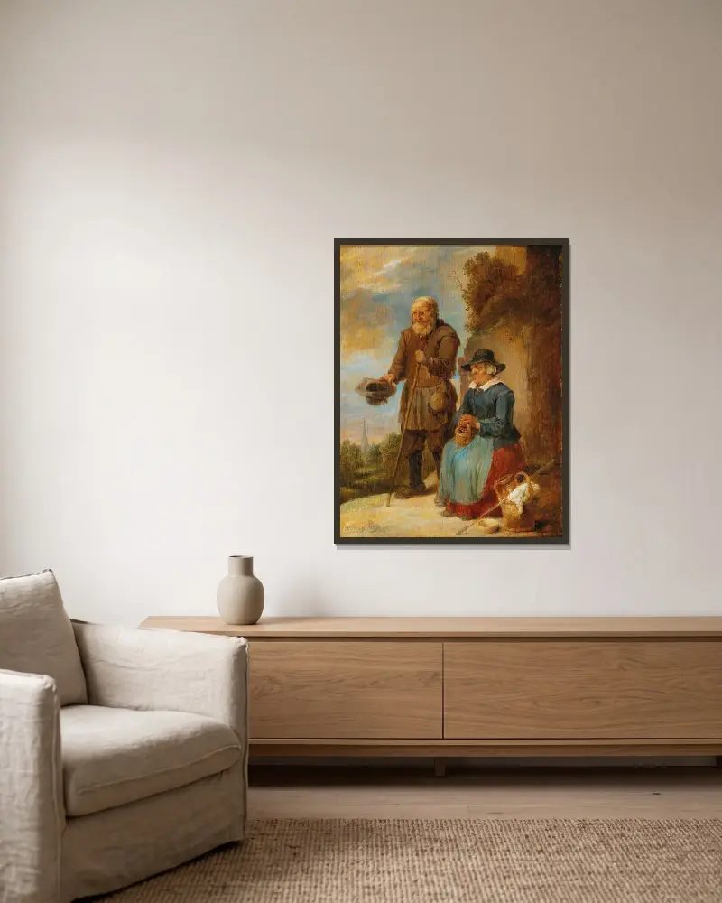 Ett gammalt par som tigger på gatan av David Teniers The Younger inramad på en vägg