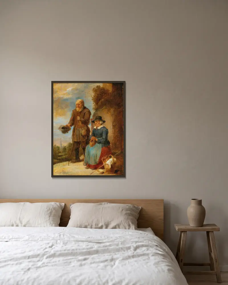 Ett gammalt par som tigger på gatan av David Teniers The Younger inramad på en vägg