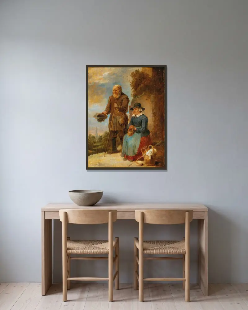 Ett gammalt par som tigger på gatan av David Teniers The Younger inramad på en vägg