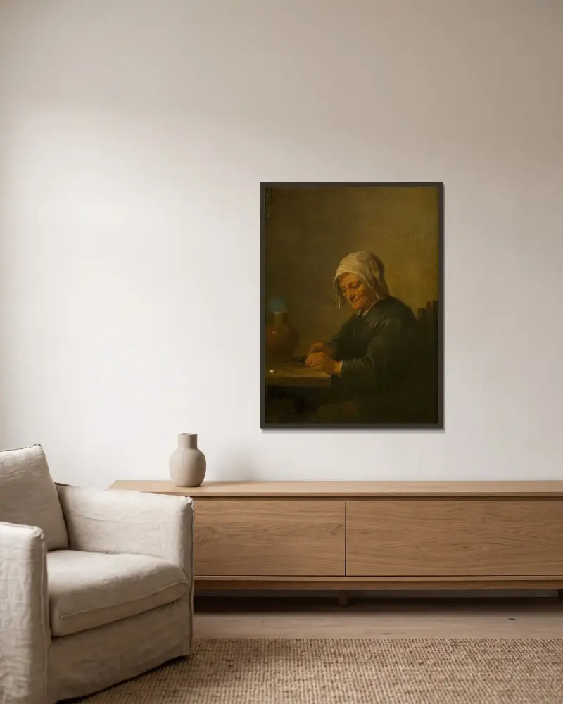 En gammal kvinna som skär tobak av David Teniers The Younger inramad på en vägg
