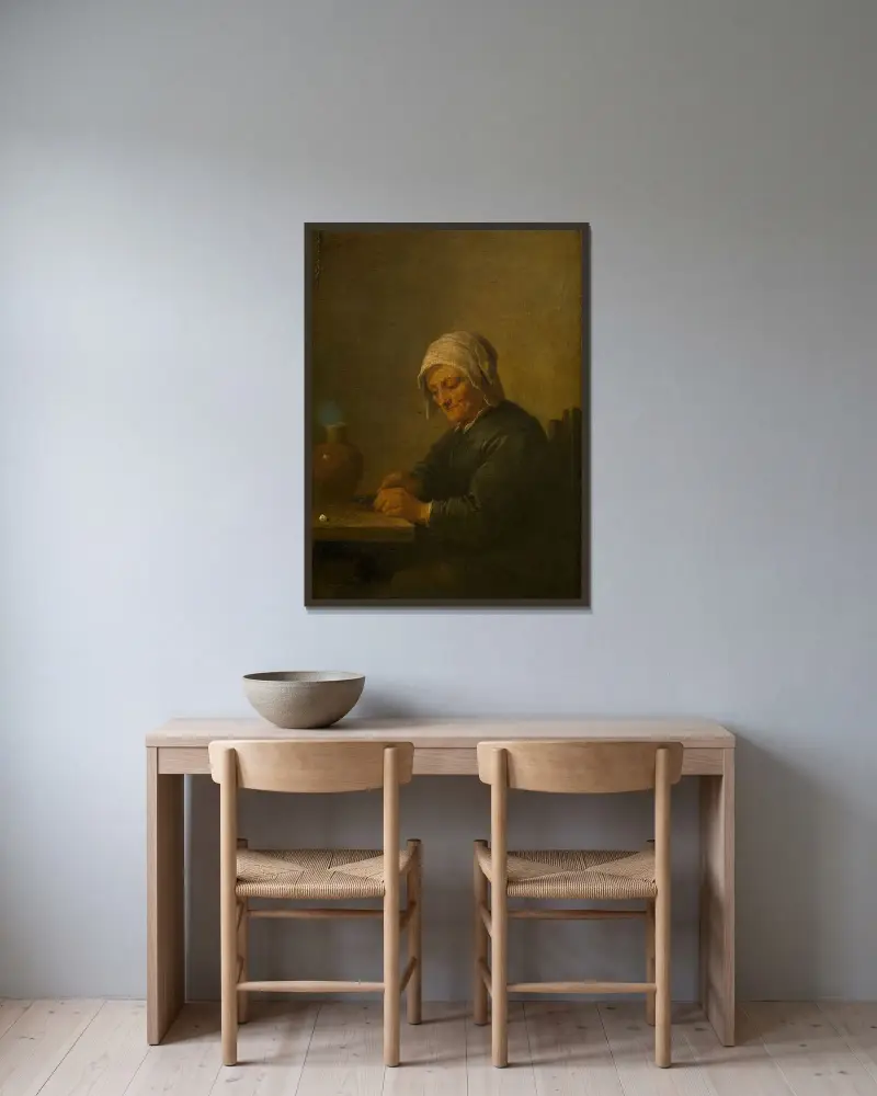 En gammal kvinna som skär tobak av David Teniers The Younger inramad på en vägg
