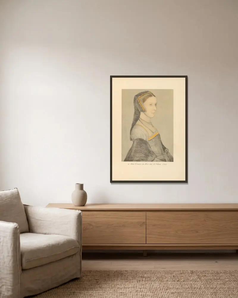 Anne Cresacre vid 16 års ålder av Hans Holbein The Younger inramad på en vägg