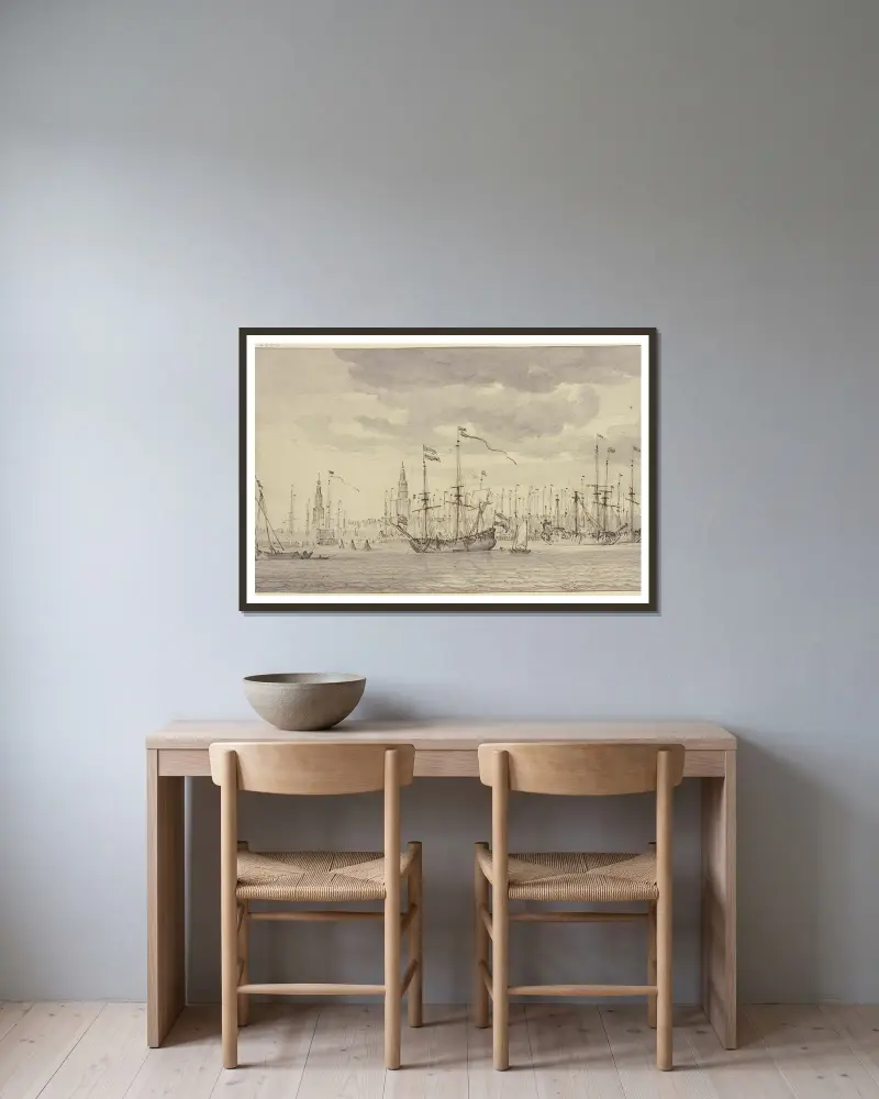 Ansicht eines Hafens mit vielen Schiffen und einer Stadt mit zwei Kirchtürmen (Amsterdam) av Willem van de Velde the Younger inramad på en vägg