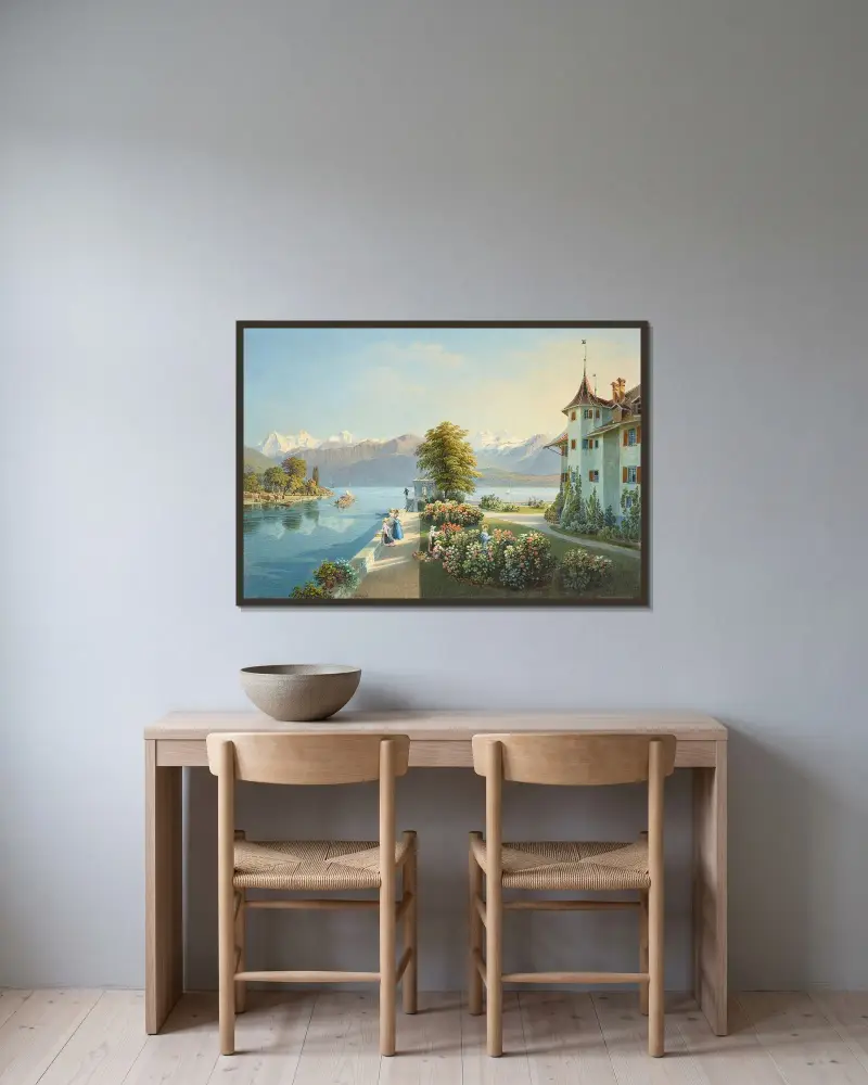 Vy från Thunsjön med Bernalperna och Schloss Schadau av Gabriel Lory the Younger inramad på en vägg