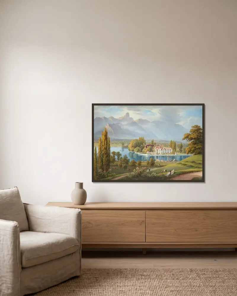 Ansicht von Schadau mit Aaremündung bei Thun von Gabriel Lory the Younger gerahmt an einer Wand