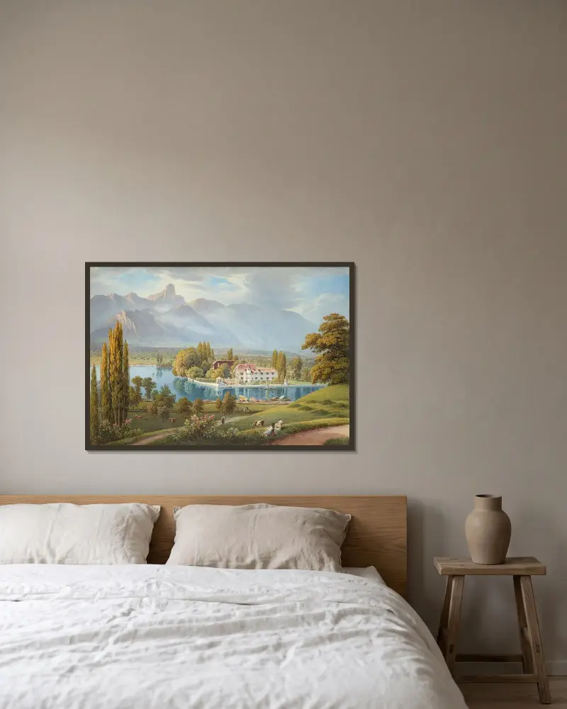 Ansicht von Schadau mit Aaremündung bei Thun von Gabriel Lory the Younger gerahmt an einer Wand
