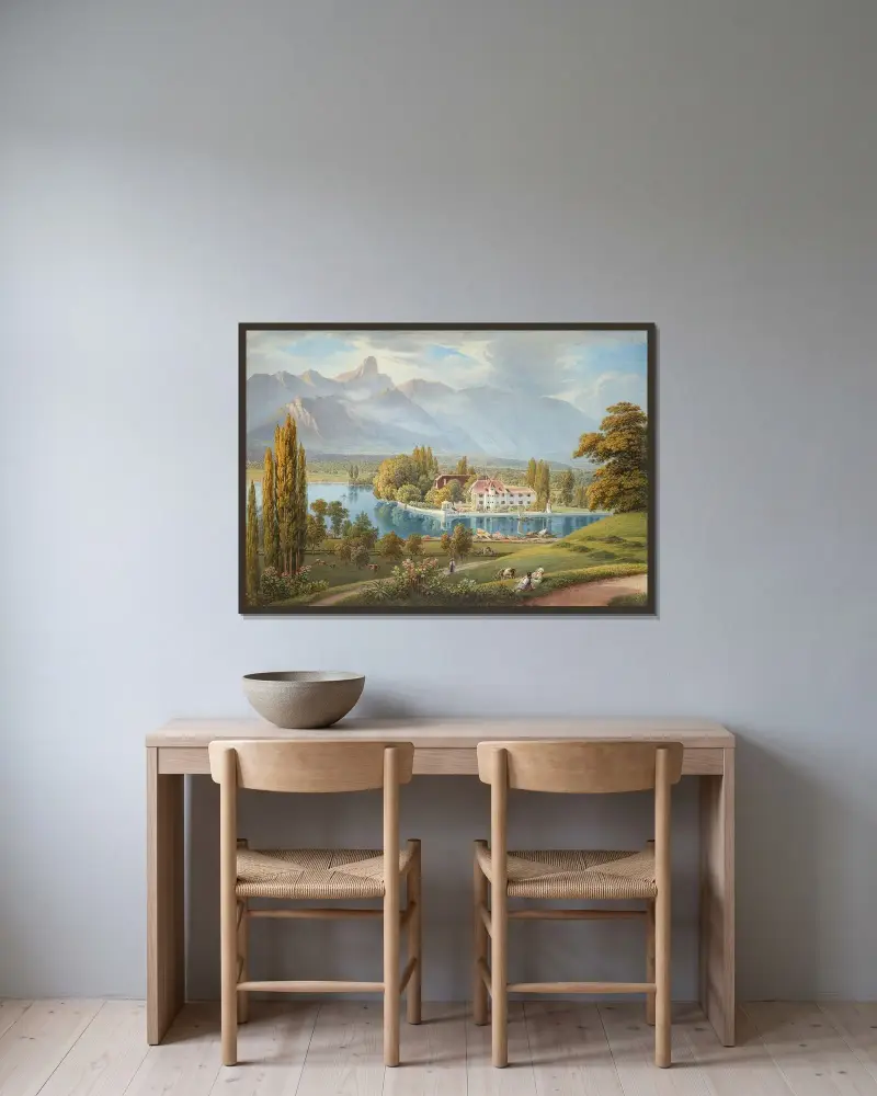 Ansicht von Schadau mit Aaremündung bei Thun von Gabriel Lory the Younger gerahmt an einer Wand