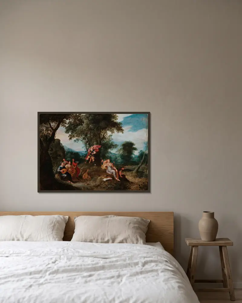 Apollo och muserna av Frans Francken the Younger inramad på en vägg