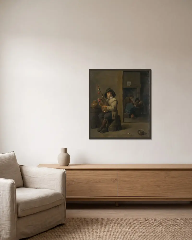 Säckpipeblåsare på värdshus av David Teniers The Younger inramad på en vägg
