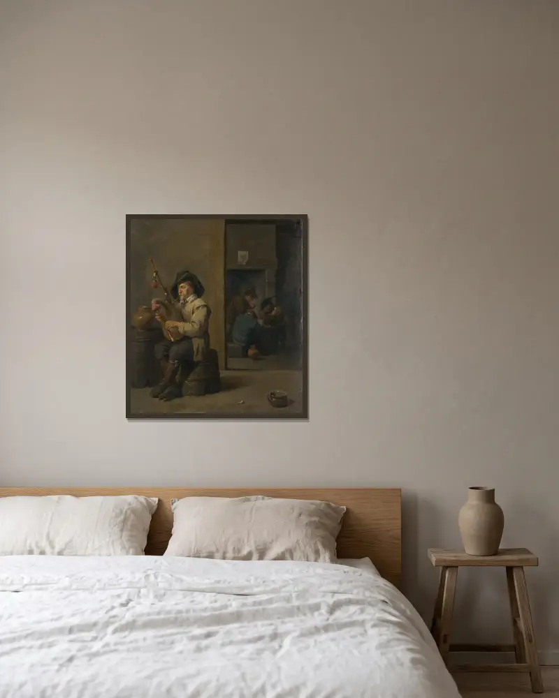 Säckpipeblåsare på värdshus av David Teniers The Younger inramad på en vägg