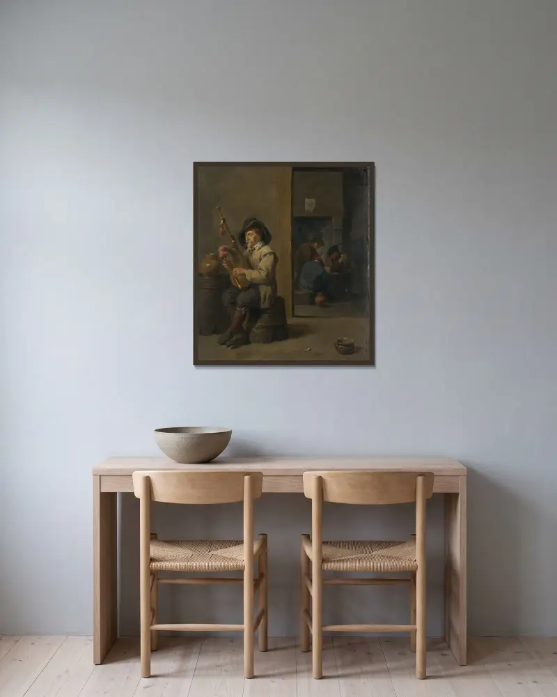 Säckpipeblåsare på värdshus av David Teniers The Younger inramad på en vägg