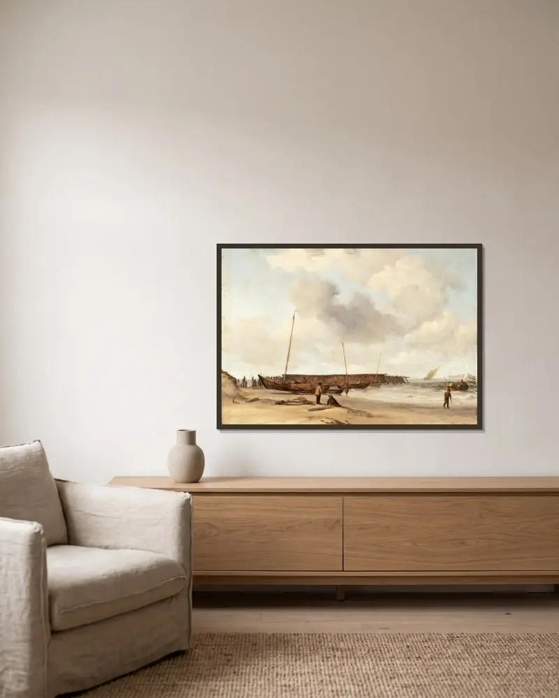 Beach with a Weyschuit Pulled up on Shore av Willem van de Velde the Younger inramad på en vägg