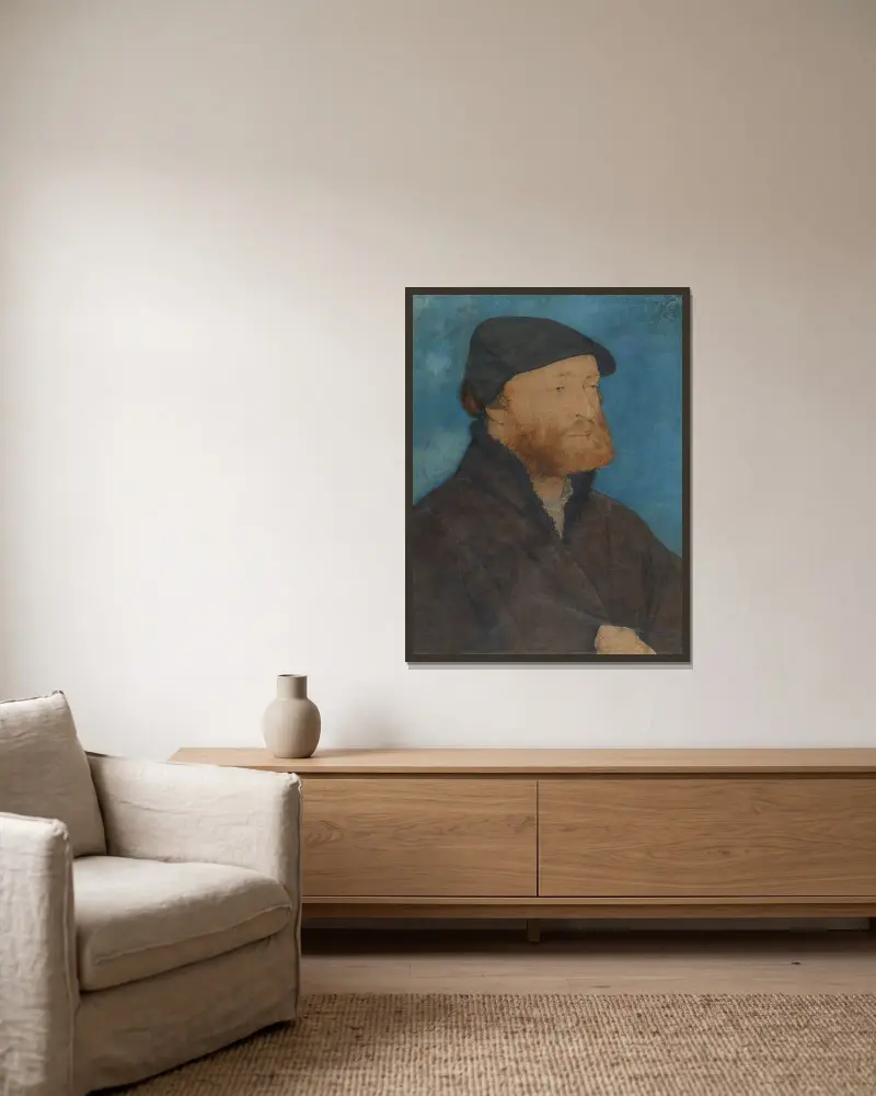 Bildnis eines Mannes mit schwarzem Barett av Hans Holbein The Younger inramad på en vägg