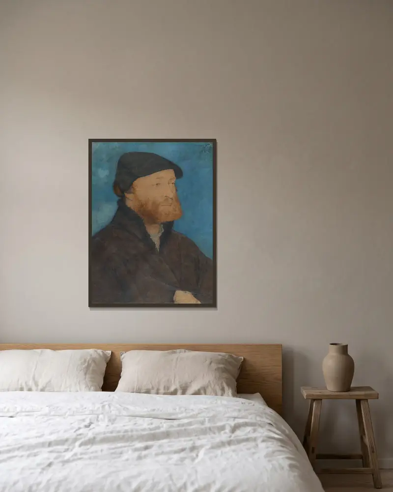 Bildnis eines Mannes mit schwarzem Barett av Hans Holbein The Younger inramad på en vägg
