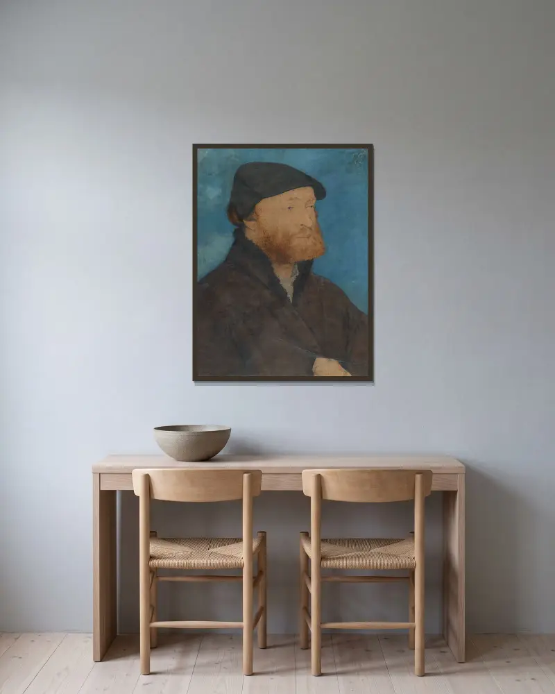 Bildnis eines Mannes mit schwarzem Barett av Hans Holbein The Younger inramad på en vägg