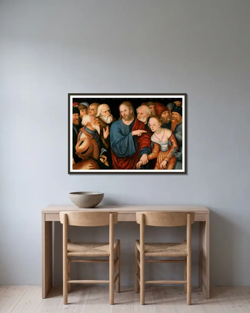Christ and the Woman Taken in Adultery av Lucas Cranach the Younger inramad på en vägg