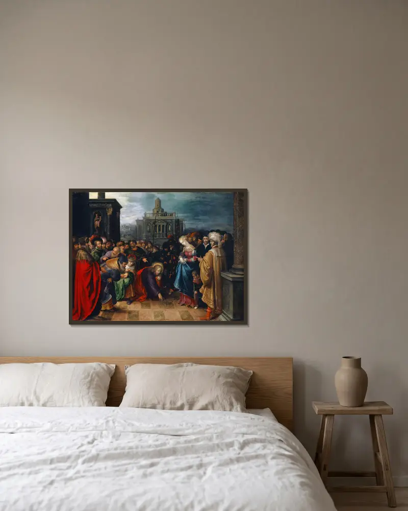 Christ And The Woman Taken In Adultery av Frans Francken the Younger inramad på en vägg