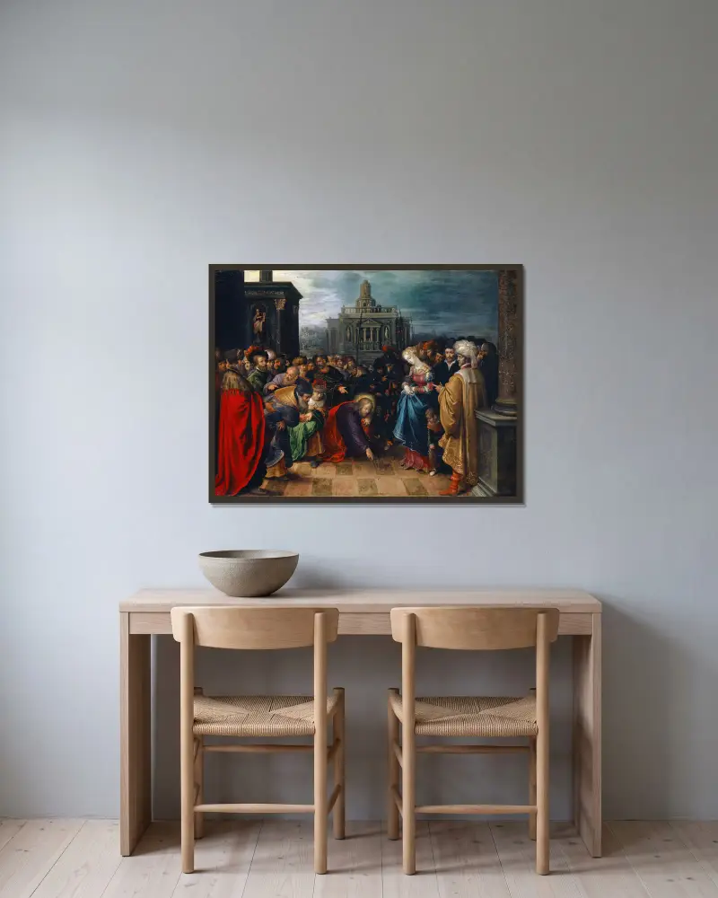 Christ And The Woman Taken In Adultery av Frans Francken the Younger inramad på en vägg
