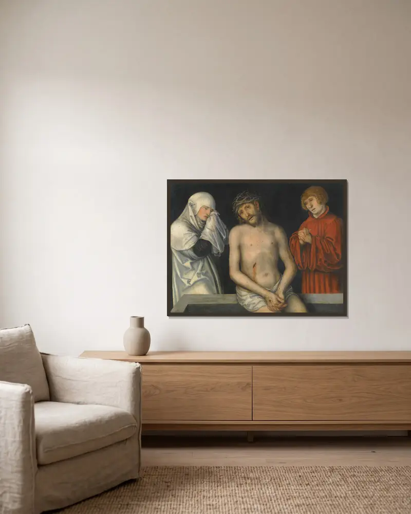 Christ As Man Of Sorrows Together With The Virgin And Saint John av Lucas Cranach the Younger inramad på en vägg