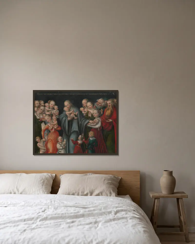 Christus segnet die Kinder von Lucas Cranach the Younger gerahmt an einer Wand