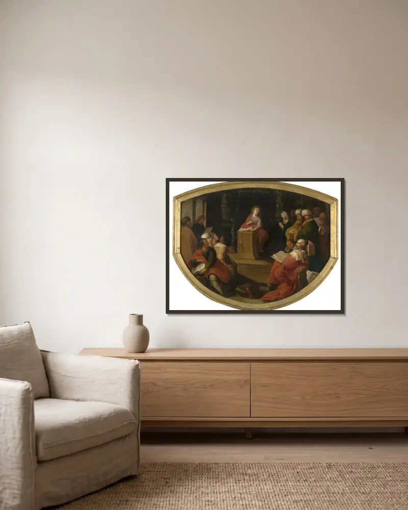 Christus disputiert mit den Gelehrten im Tempel von Frans Francken the Younger gerahmt an einer Wand
