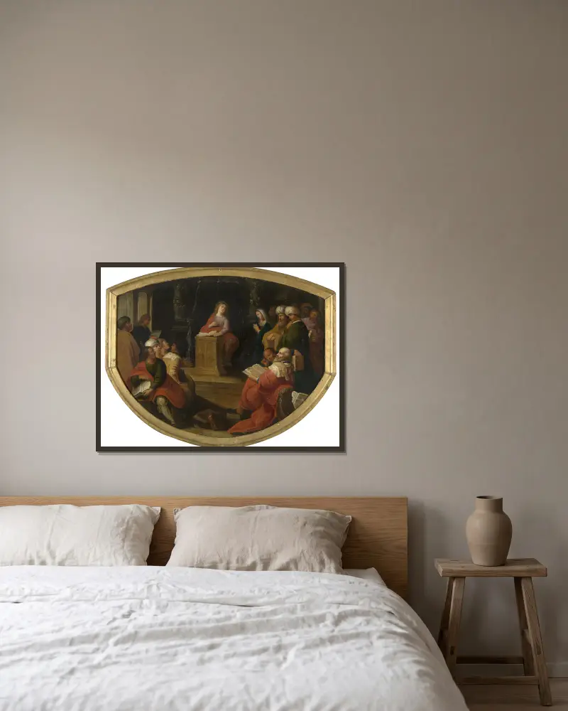 Christus disputiert mit den Gelehrten im Tempel von Frans Francken the Younger gerahmt an einer Wand