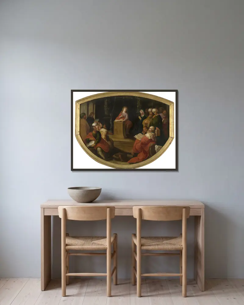 Christus disputiert mit den Gelehrten im Tempel von Frans Francken the Younger gerahmt an einer Wand