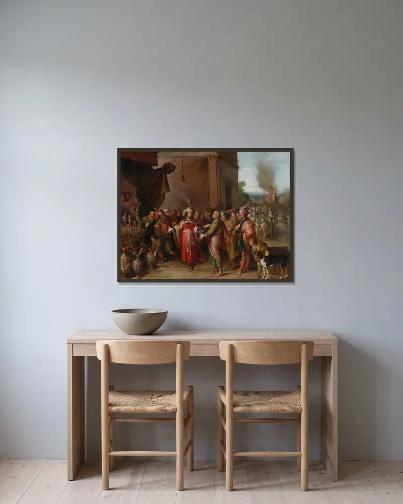 Croesus showing Solon his Riches av Frans Francken the Younger inramad på en vägg