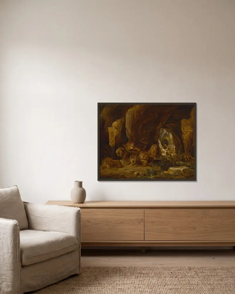 Daniel i lejongropen av David Teniers The Younger inramad på en vägg