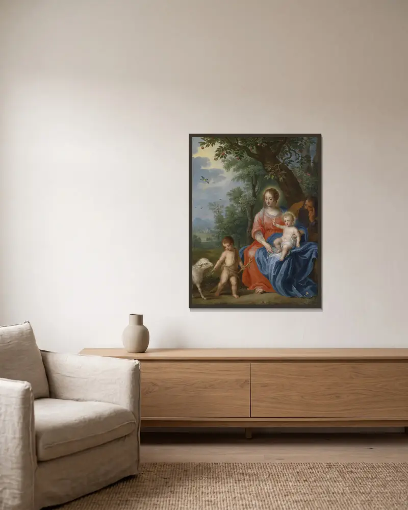 De Heilige Familie Met Johannes av Jan Brueghel the Younger inramad på en vägg