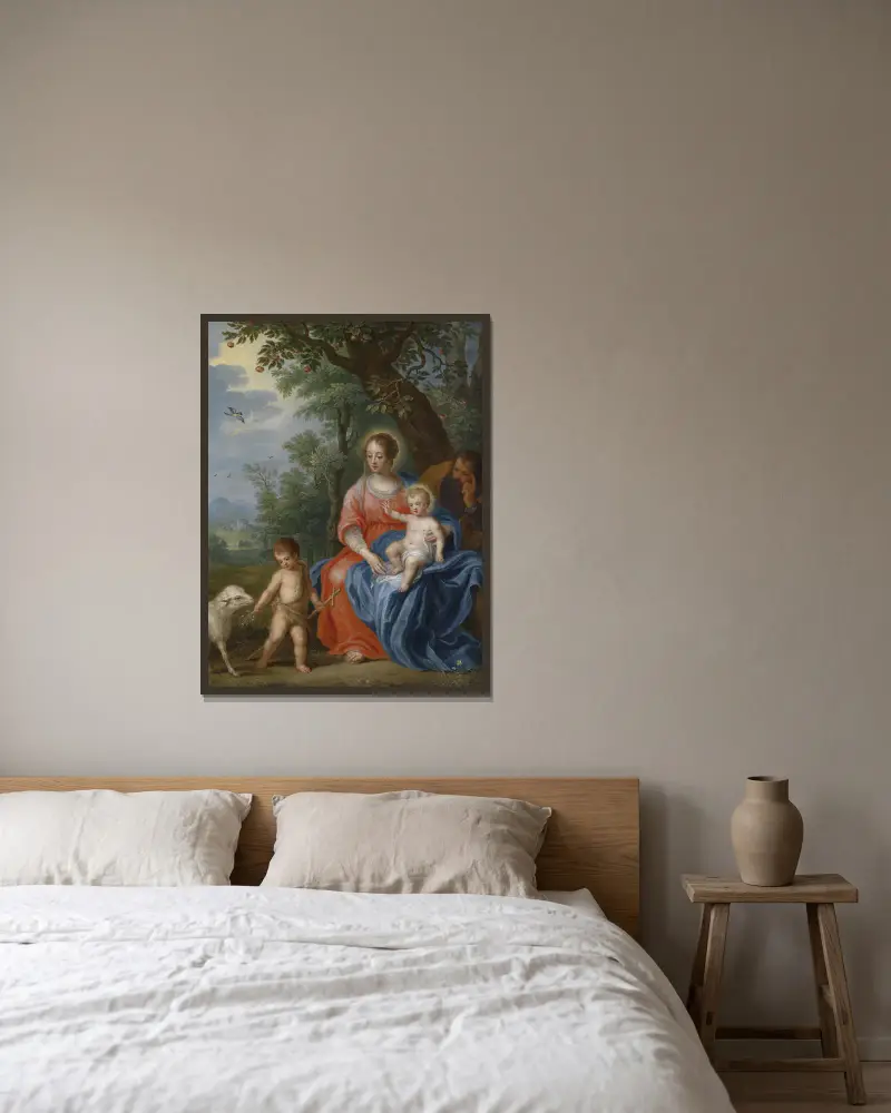 De Heilige Familie Met Johannes av Jan Brueghel the Younger inramad på en vägg