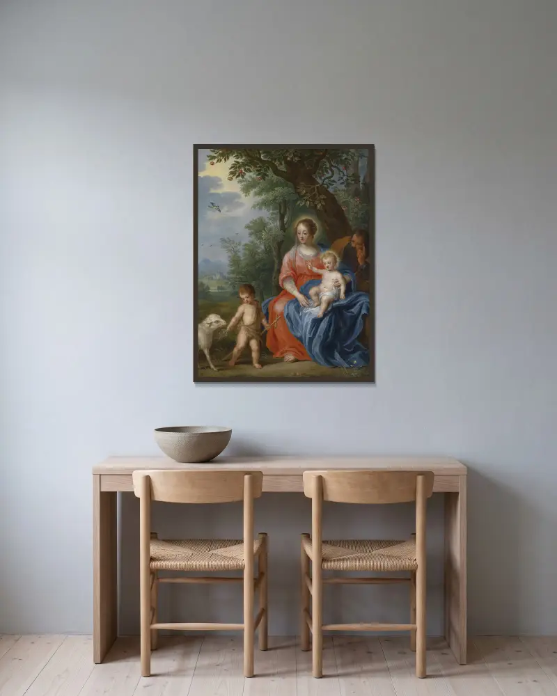 De Heilige Familie Met Johannes av Jan Brueghel the Younger inramad på en vägg