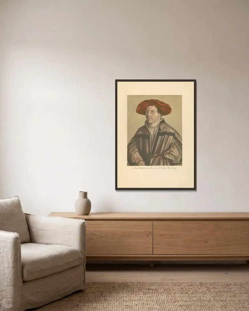 Der Künstler im Altervon 26 Jahren av Hans Holbein The Younger inramad på en vägg