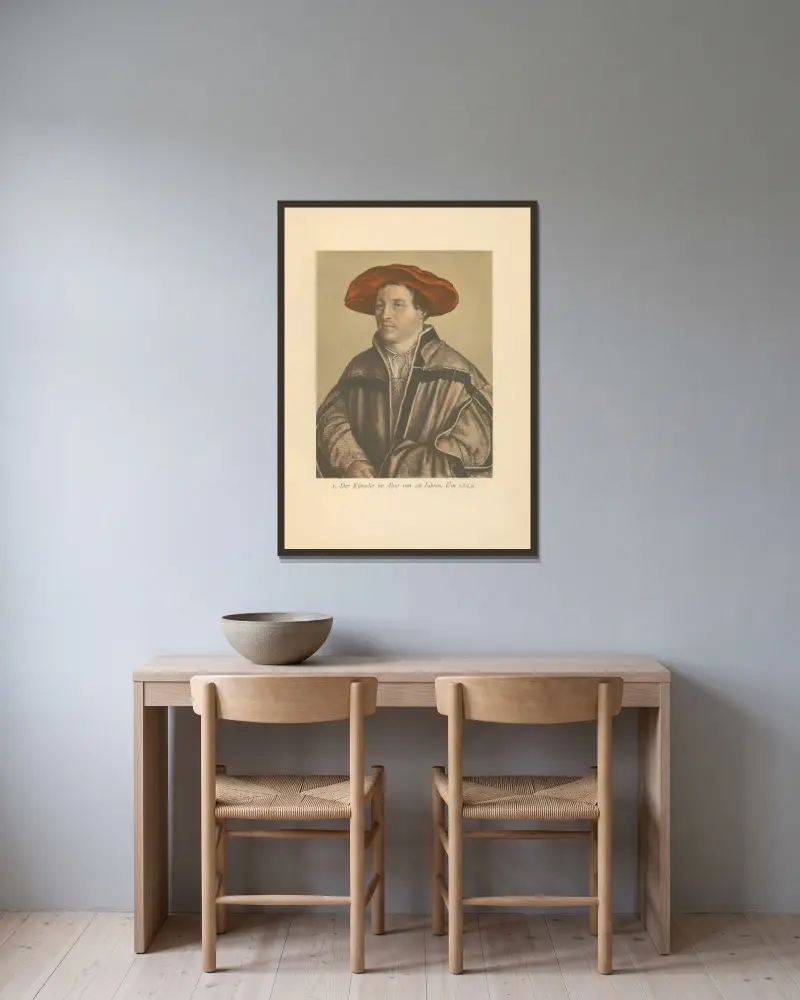 Der Künstler im Altervon 26 Jahren av Hans Holbein The Younger inramad på en vägg