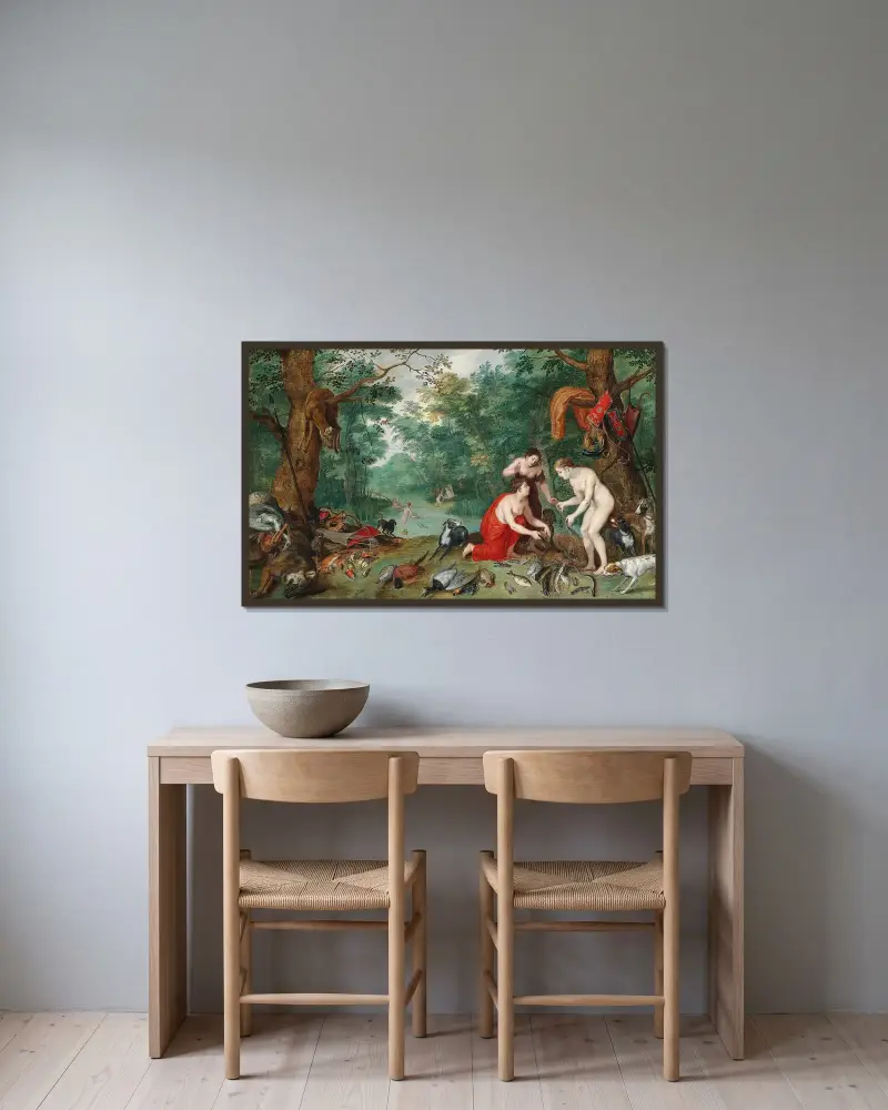 Diana och hennes nymfer fiskar av Jan Brueghel the Younger inramad på en vägg